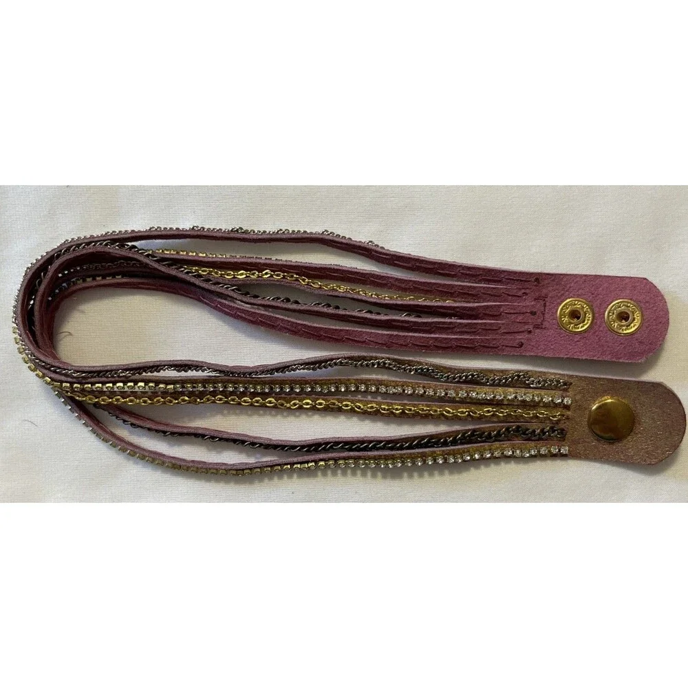 Hato Hasi Pink & Gold Leather Wrap Bracelet with Silver & Gold Tone Chains - Picture 4 of 9